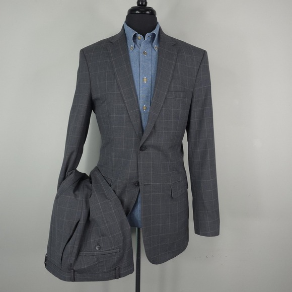 Jos A Bank Suit Mens 40XL 34x33 Gray Wool Windowpane Slim Fit 2 Piece 2 Button